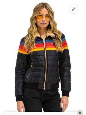 Aviator Nation 5 stripe Sherpa puffer jacket - new - black - with tags